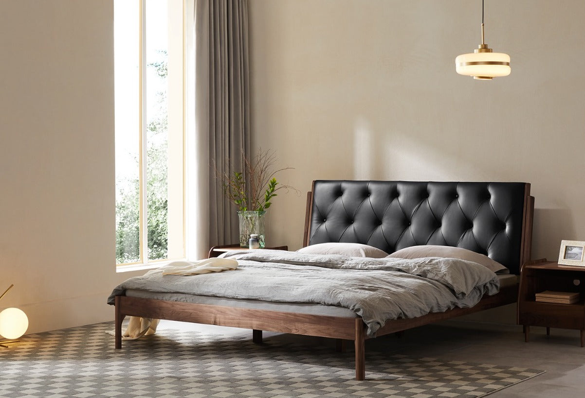 Estrutura de cama moderna em madeira de nogueira preta, couro de vaca, estrutura de cama em madeira de nogueira preta king