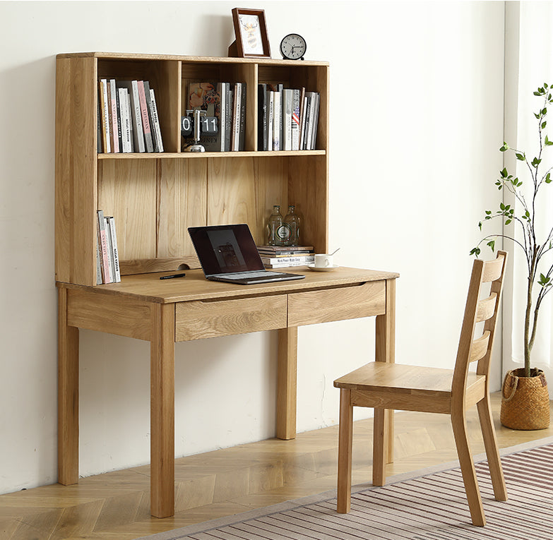 Bureau en chêne blanc massif, bureau en chêne avec huche, bureau à plateau en chêne