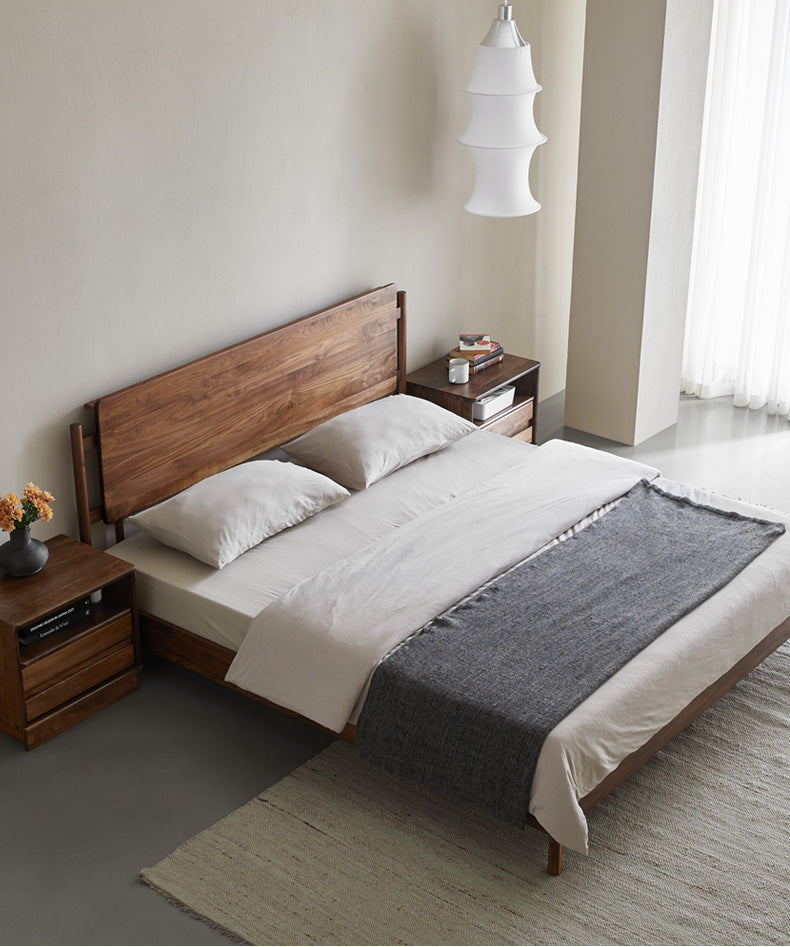 cama king de madeira de nogueira, estrutura de cama de nogueira com cabeceira, conjunto de cama de madeira de nogueira