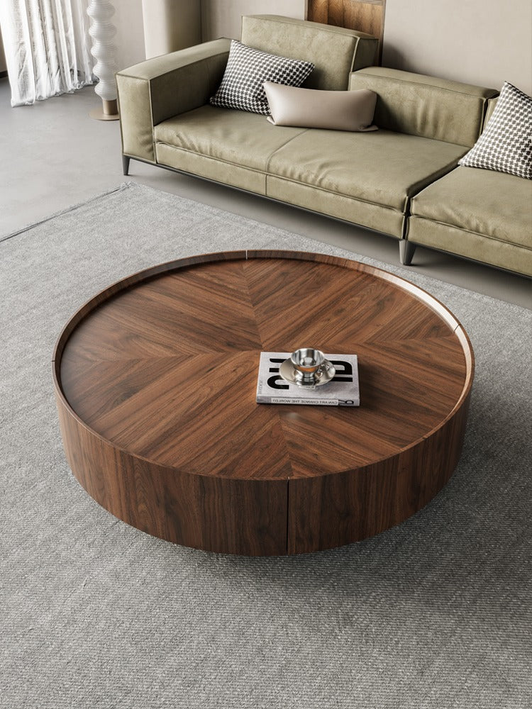 mesa de centro redonda de nogueira preta sólida, mesa de centro redonda contemporânea de nogueira sólida