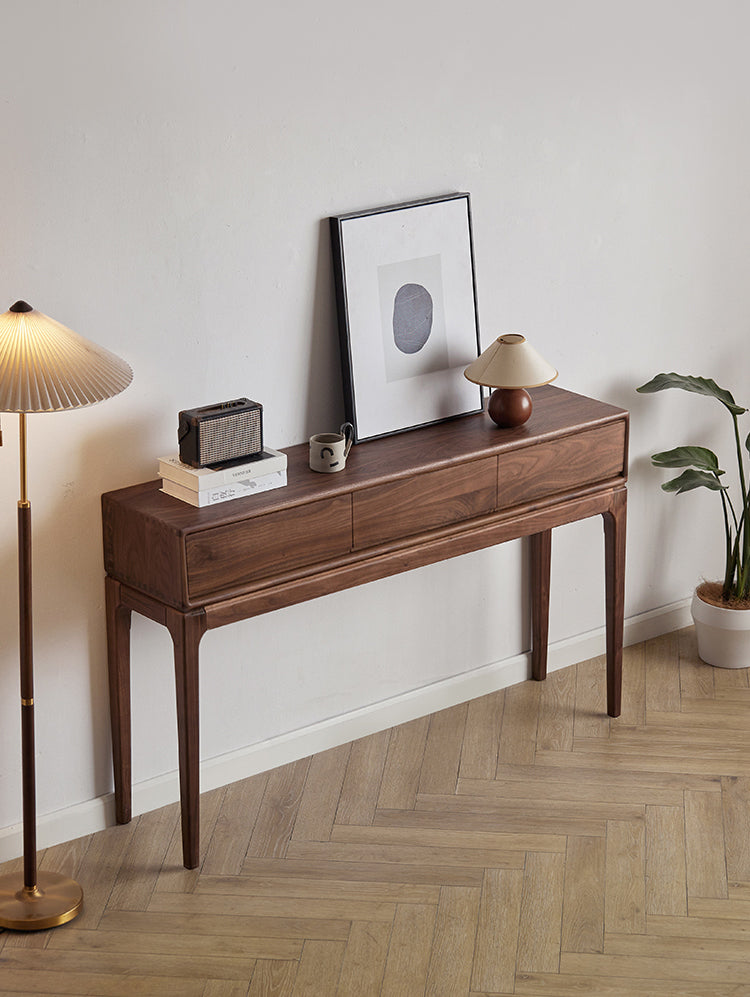 mesa de console moderna em madeira de nogueira, mesa de console em nogueira com gavetas