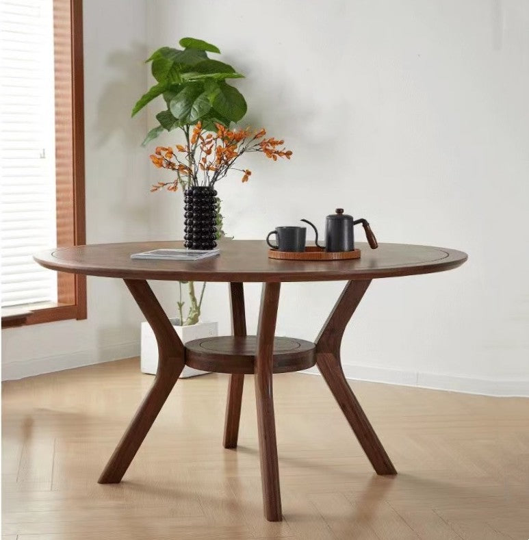Mesa de jantar redonda de madeira de nogueira, mesa de jantar redonda de madeira de nogueira maciça