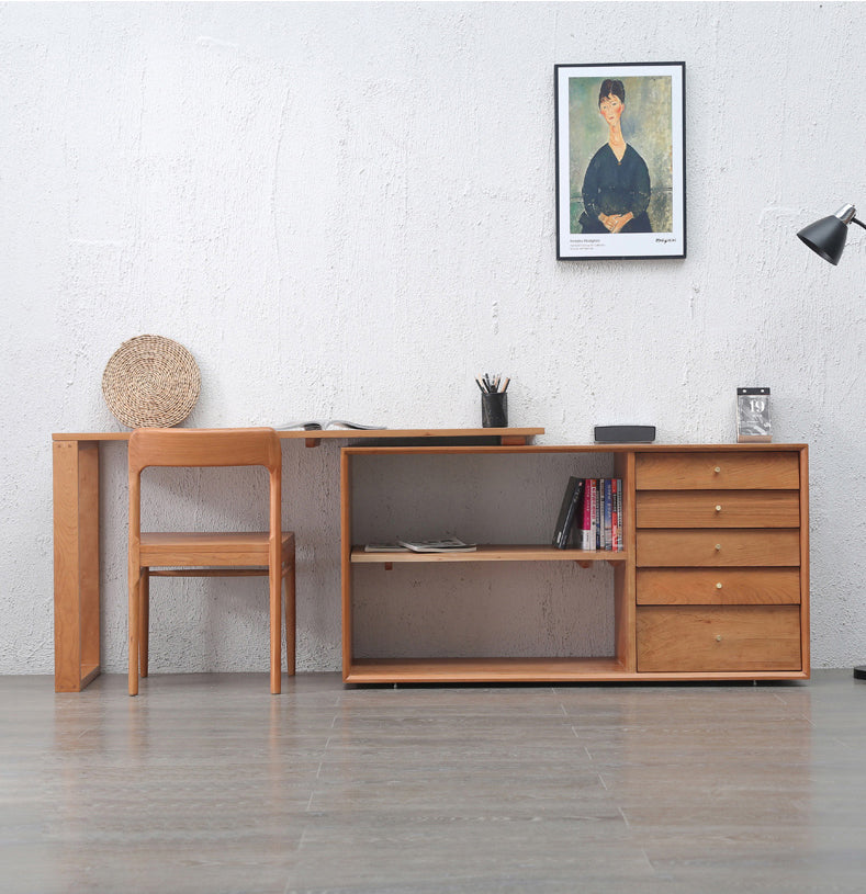 I-förmiger Schreibtisch aus Kirschholz mit Schrankschublade, langer Schreibtisch aus Kirschholz