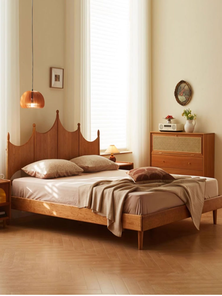 Estructura de cama tamaño queen de madera de cerezo, cama king size de madera de cerezo