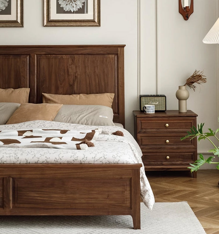 Cama de madeira maciça de nogueira preta estilo americano, cama de madeira maciça