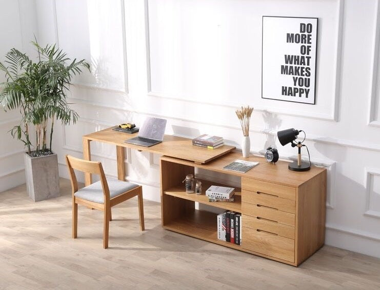I Shape Oak Desk With Cabinet Drawer, Desk Oak, White Oak Desk Oak Wood Desk