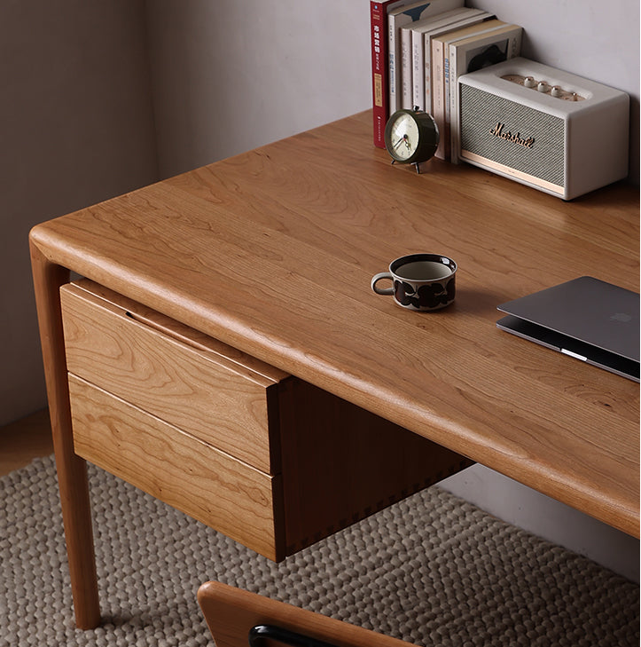 Mesa de madeira dura com estante, mesa moderna de cerejeira, mesa de madeira natural