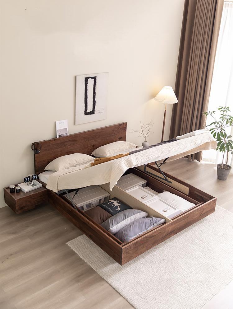 lit plateforme moderne en bois de noyer avec rangement, lit king en noyer massif