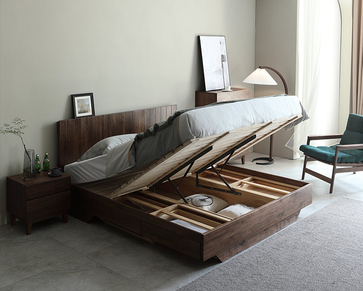 سرير هيدروليكي مصنوع من خشب الجوز الأسود وأثاث سرير من خشب الجوز