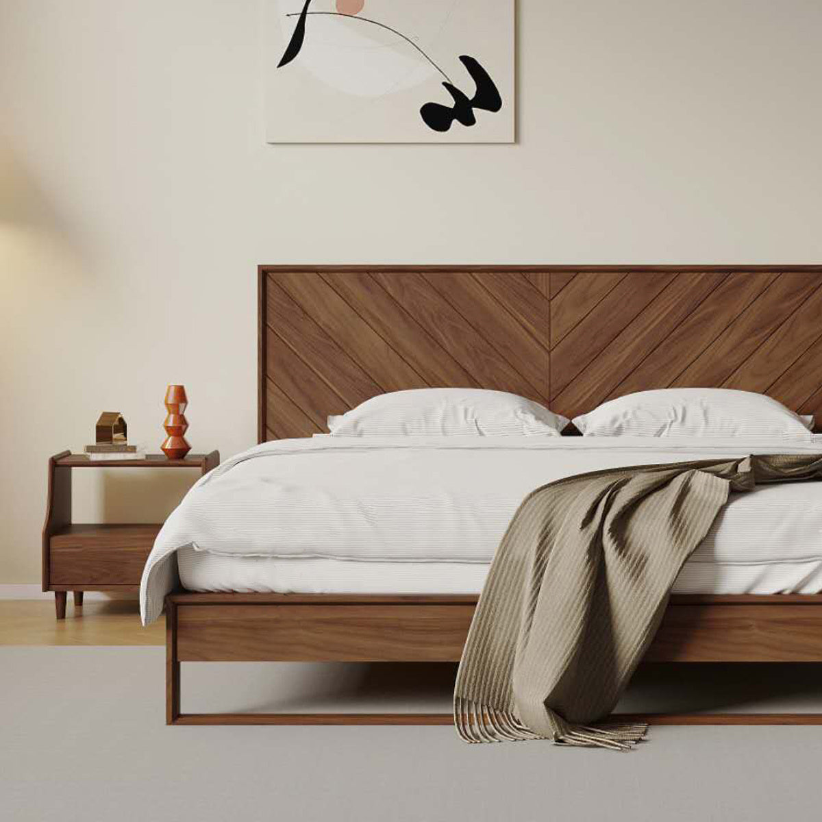 king size-säng i massivt trä i valnöt, plattformssäng i valnötsträ