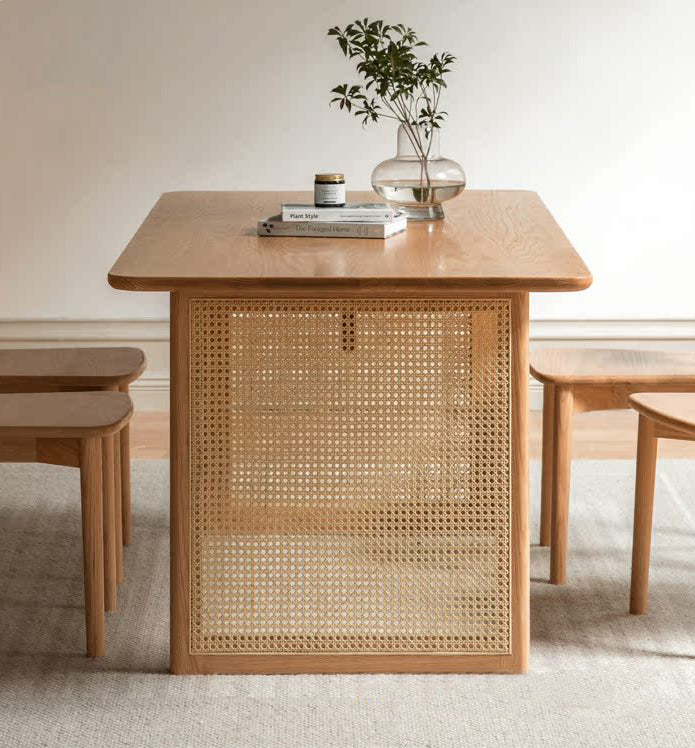 Mesa de comedor de cocina de madera maciza de roble de ratán, mesa de comedor de madera maciza de roble nueva, 6 sillas