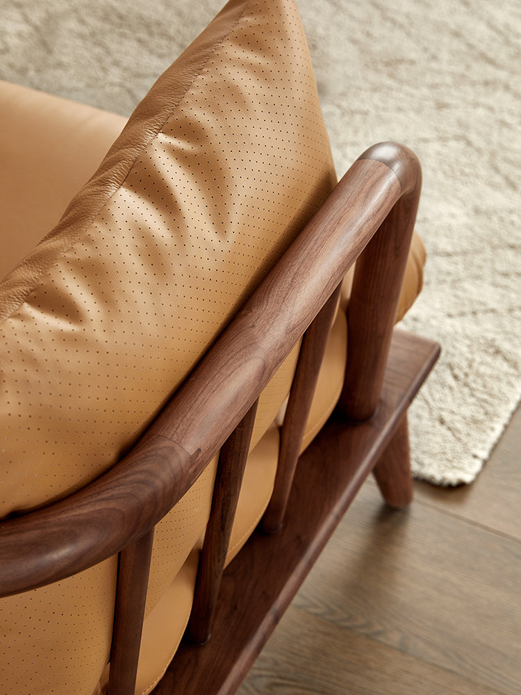 moderne ægte lædersofa lavet af sort valnøddetræ, okselæder moderne sofa