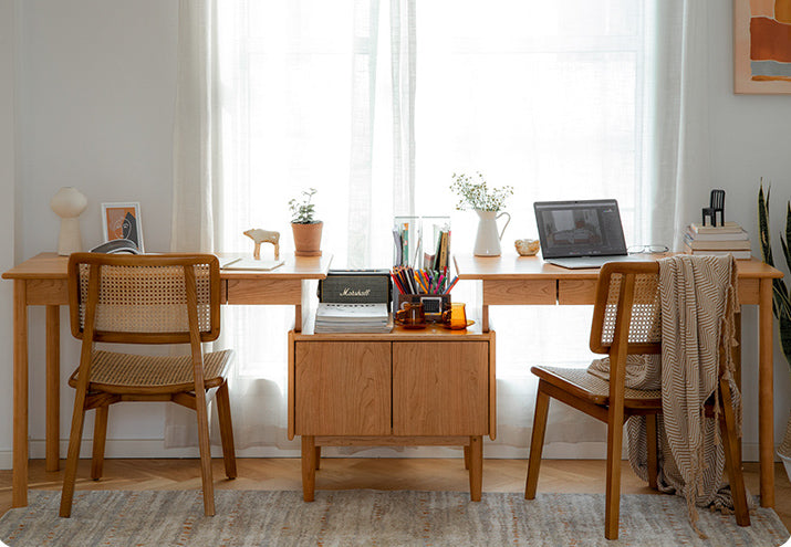 Escritorio doble largo de cerezo con estantería, escritorio largo macizo de cerezo