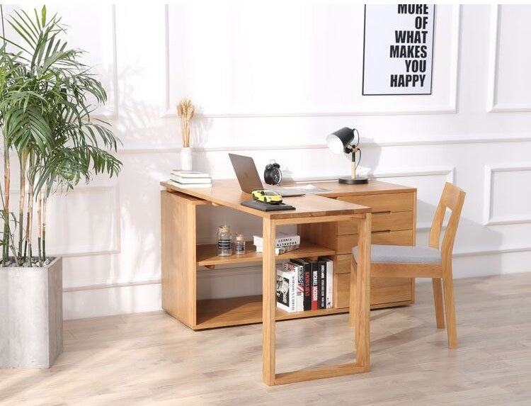 I Shape Oak Desk With Cabinet Drawer, Desk Oak, White Oak Desk Oak Wood Desk