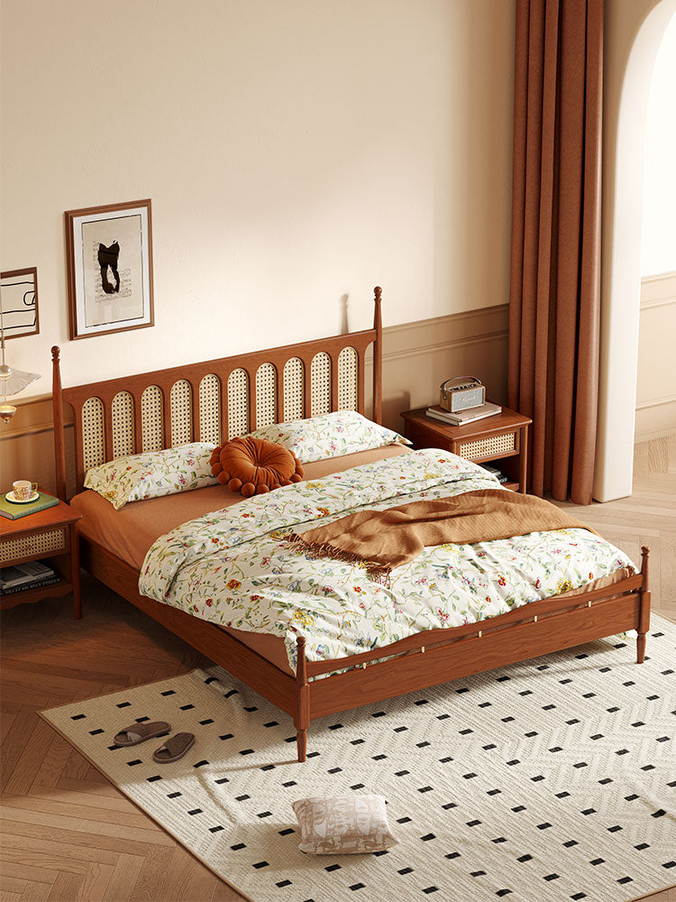 Conjunto de cama em madeira de cerejeira, estrutura de cama em madeira de cerejeira, cama king em madeira de cerejeira