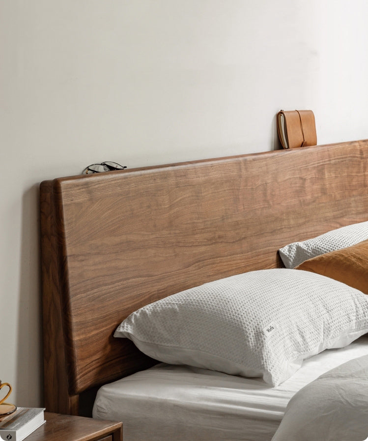 modern black walnut wood bed, solid walnut bed, dark walnut bed frame