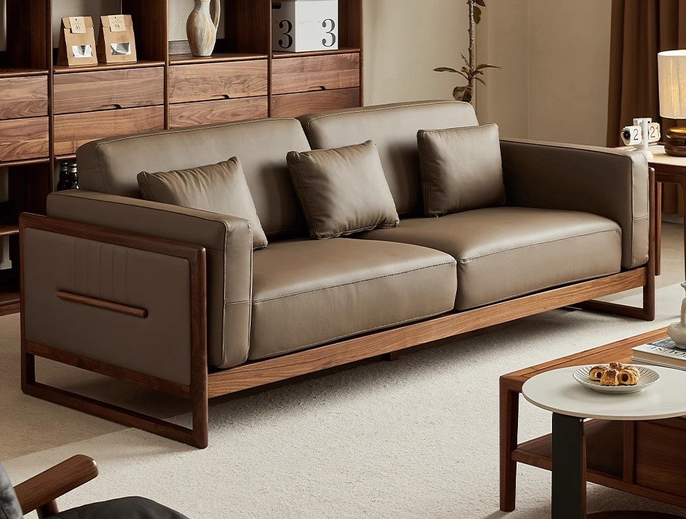 أريكة جلدية من خشب الجوز، أريكة جلدية أصلية، أريكة جلدية بنية أصلية