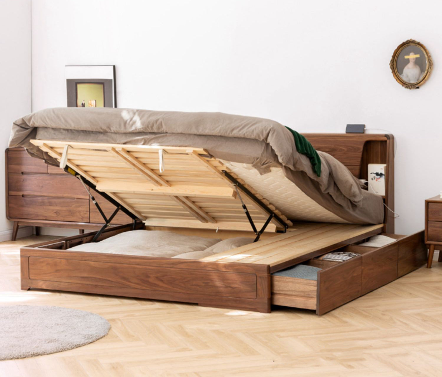 solid black walnut wood hydraulic bed with storage