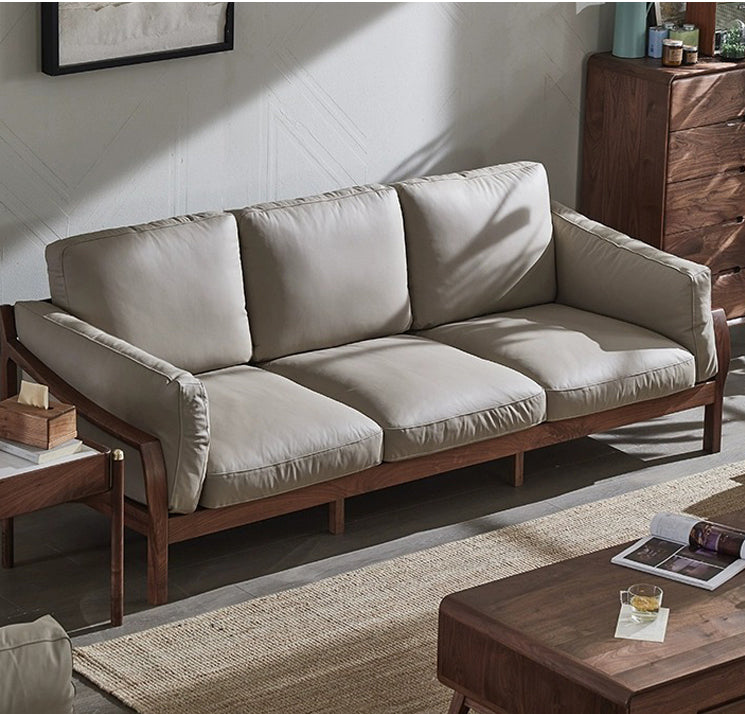 Solid lädersoffa i valnöt, soffa i valnötsträ, soffa i äkta skinn svart