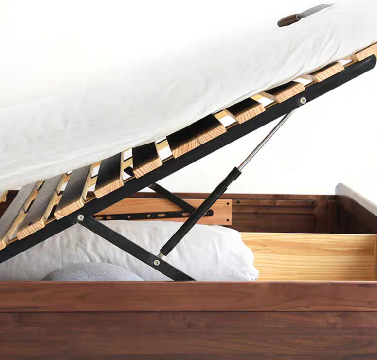 Hydraulisches Bett aus schwarzem Walnussholz aus massivem Holz, modernes Bett aus Walnussholz