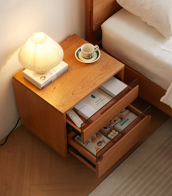 Stylish Glass Drawers Cherry Wood Nightstand 
