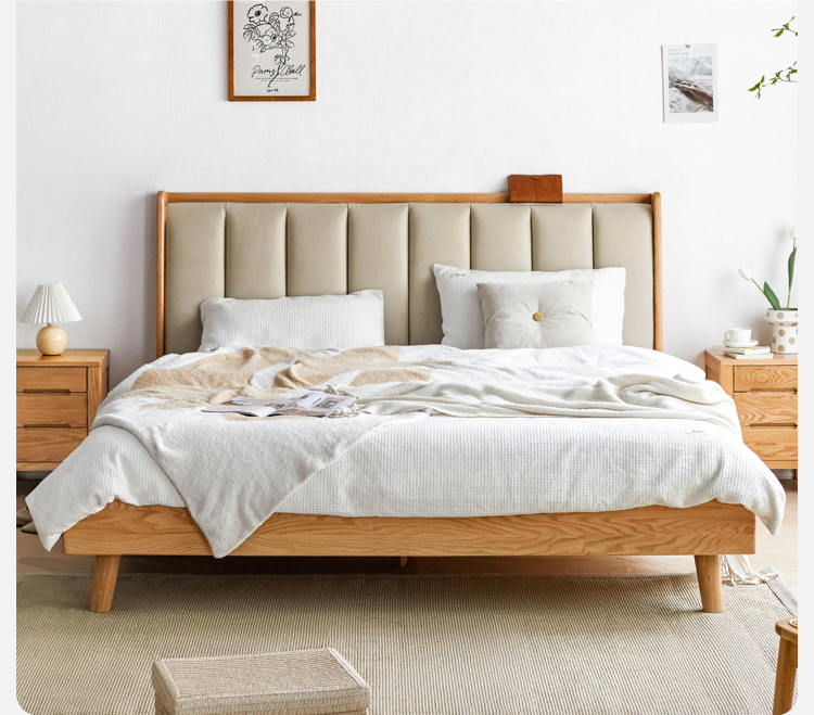 cadre de lit en bois de chêne et cuir véritable, lit en bois de chêne et cuir