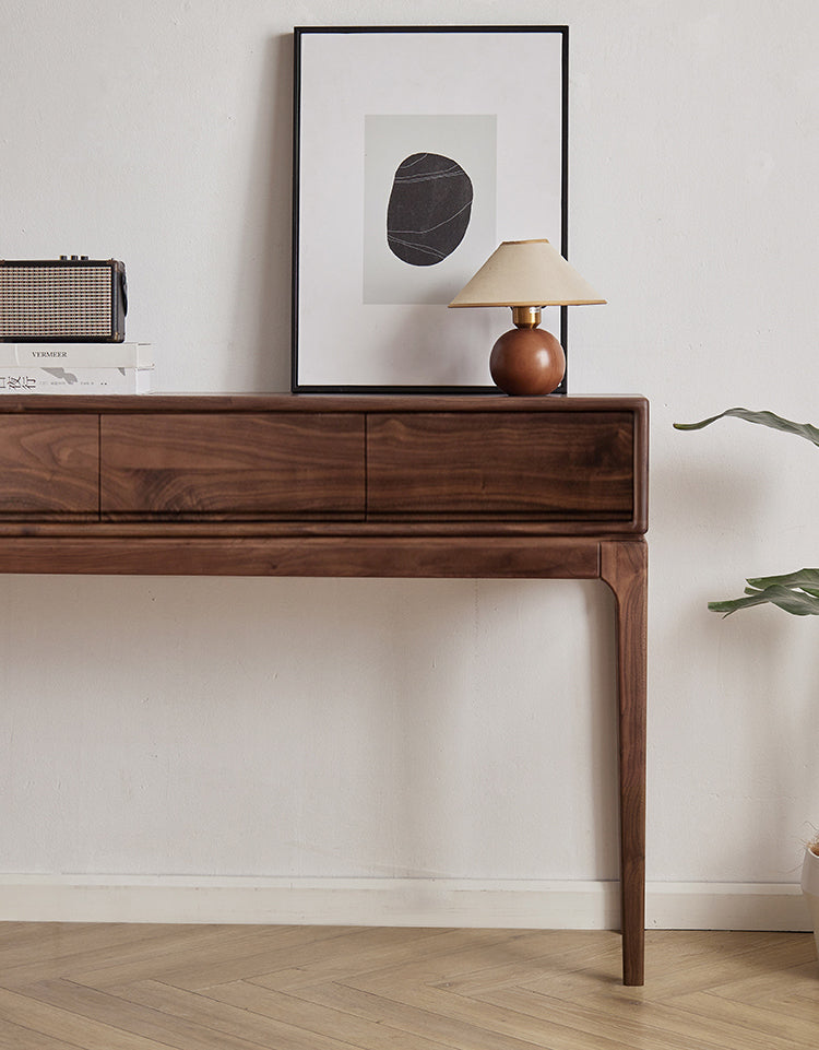modern walnut wood console table, walnut console table with drawers