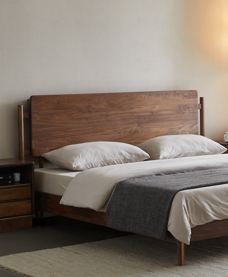 king walnut wood bed, walnut bed frame with headboard, walnut wood bed set
