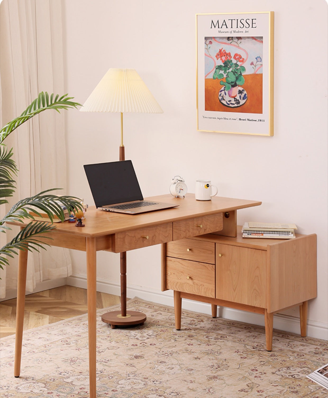 Kirsebærskrivebord med reol, l formet kirsebærskrivebord, skrivebord i massivt kirsebærtræ