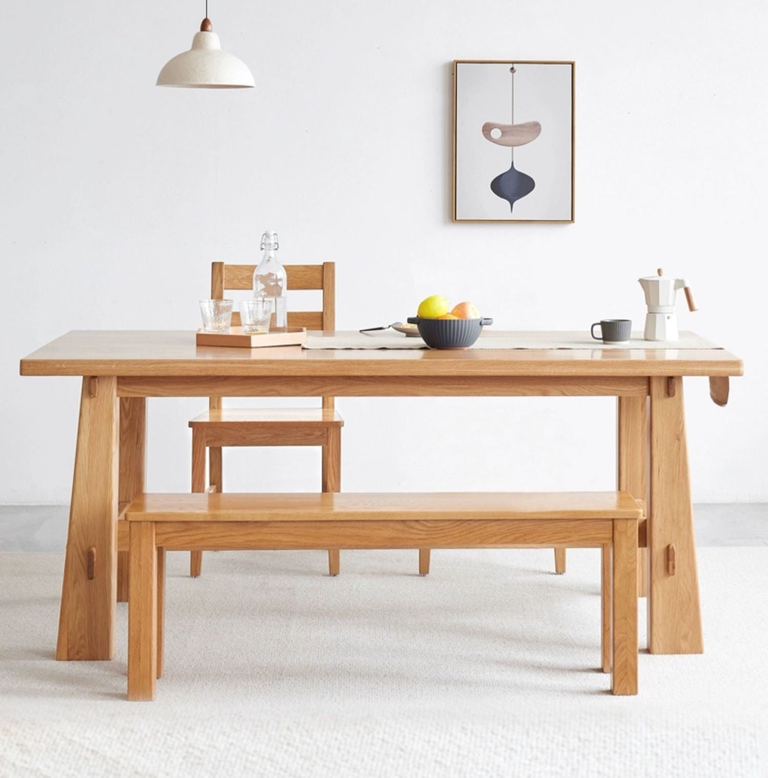 Mid-century solid wood oak dining table, solid oak wood table