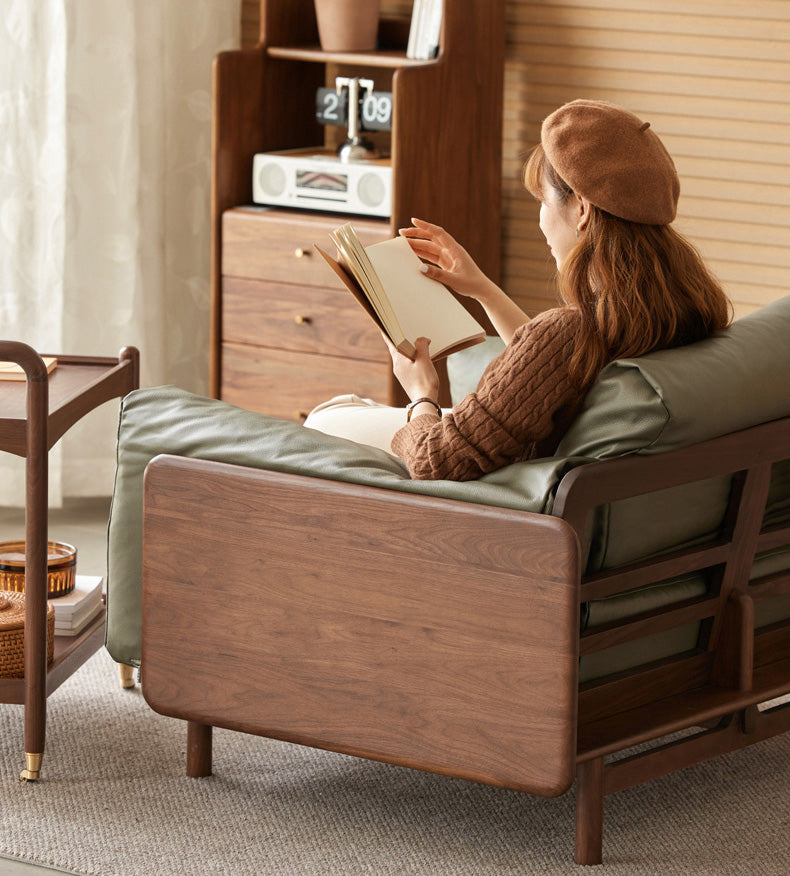 Sofá com estrutura de nogueira, sofá de couro de madeira de nogueira, sofá de couro genuíno