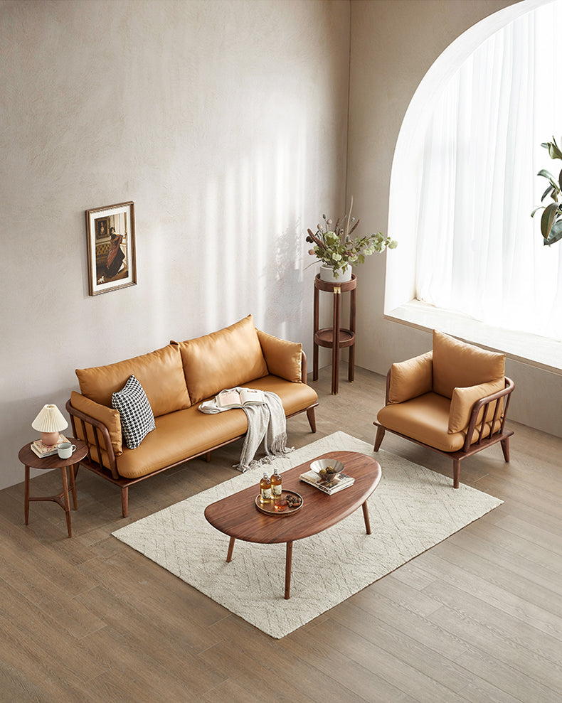 modern äkta skinnsoffa gjord av svart valnötsträ, koläder modern soffa