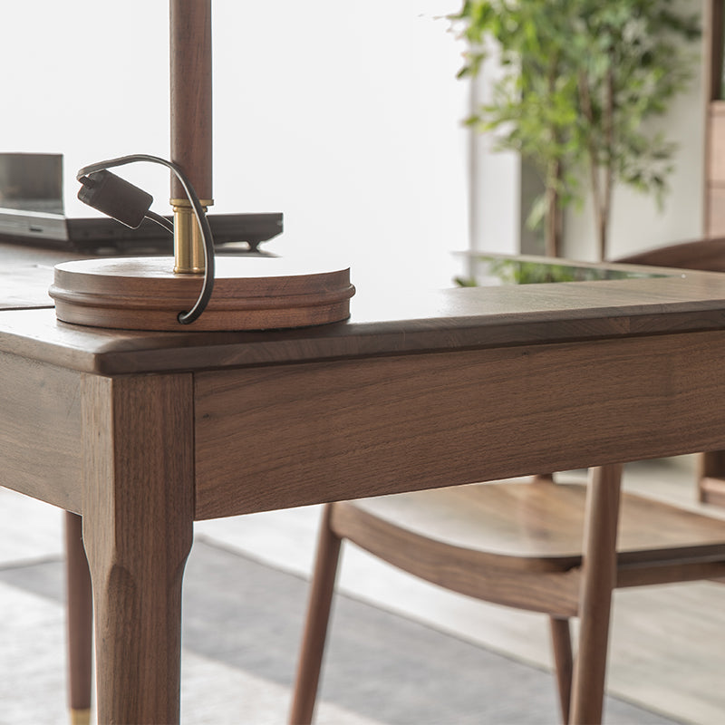 Mesa com gaveta de vidro de madeira de nogueira, mesa de nogueira preta, mesa de nogueira
