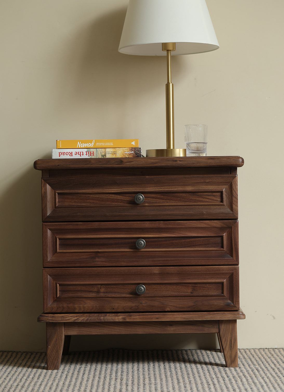 modern walnut wood and black nightstand, walnut wood block nightstand