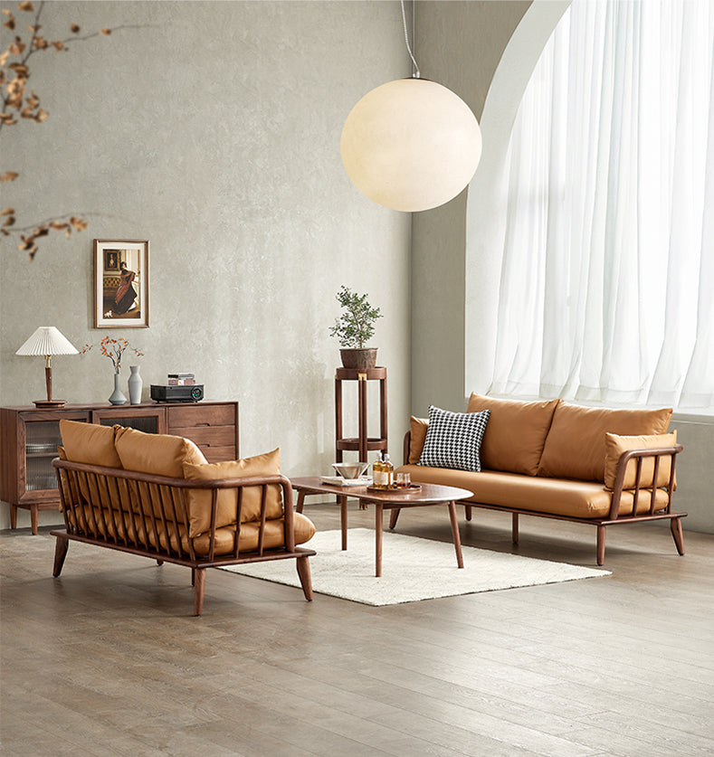 moderne ægte lædersofa lavet af sort valnøddetræ, okselæder moderne sofa