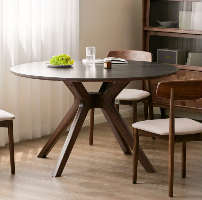 mesa de jantar redonda de madeira de nogueira para 6 pessoas, mesa de jantar redonda de madeira de nogueira preta sólida