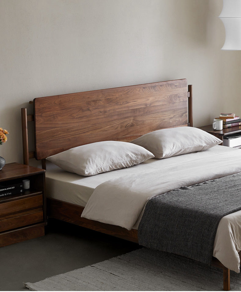 king walnut wood bed, walnut bed frame with headboard, walnut wood bed set
