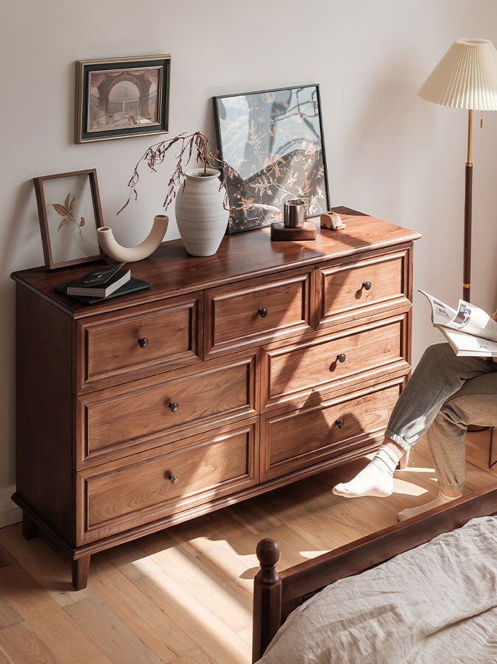 vintage black walnut wood dresser, mid-century modern walnut wood 7-drawer storage dresser