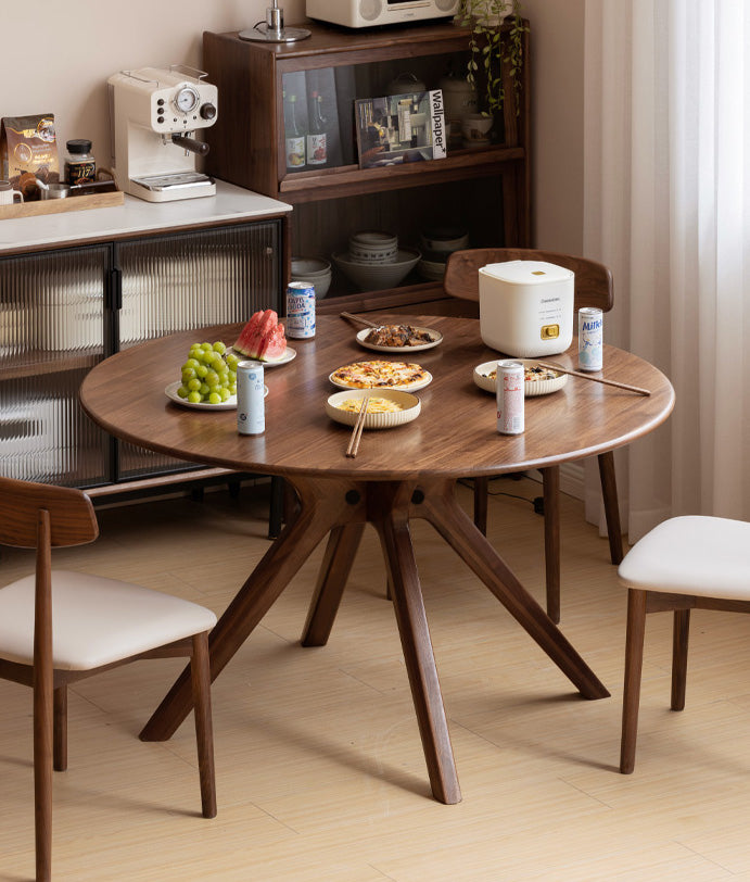 mesa de jantar redonda de madeira de nogueira para 6 pessoas, mesa de jantar redonda de madeira de nogueira preta sólida