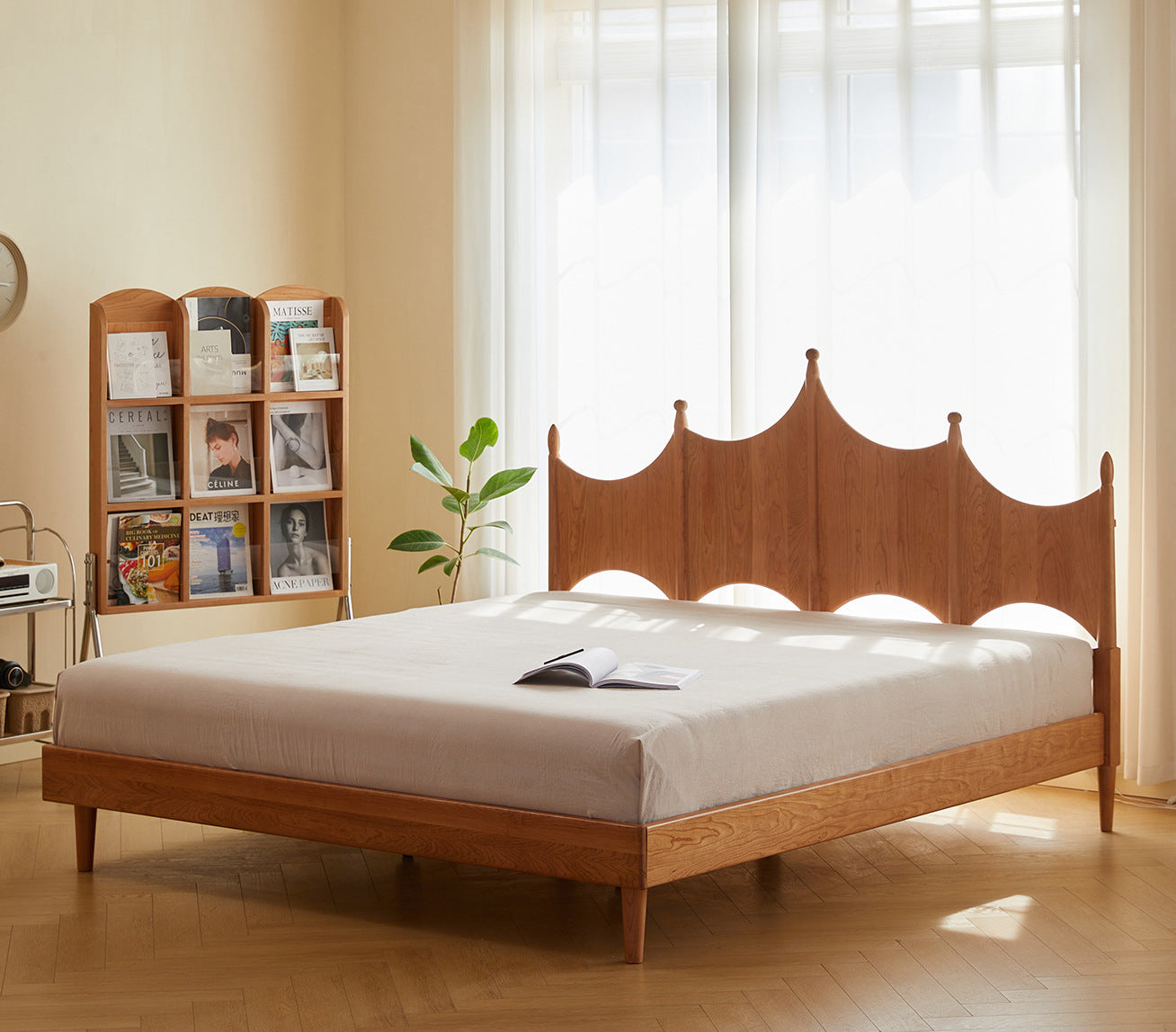 Estructura de cama tamaño queen de madera de cerezo, cama king size de madera de cerezo