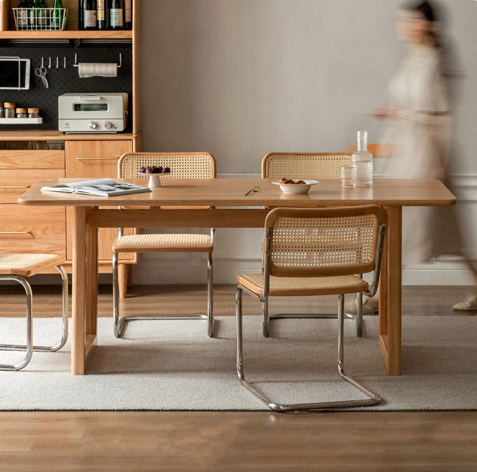 籐オーク無垢材キッチンダイニングテーブル、新しいオーク無垢材ダイニングテーブル6椅子