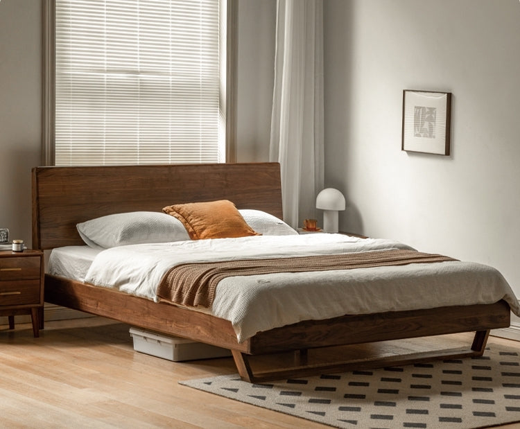 モダンなブラックウォールナット材のベッド、ウォールナット無垢材のベッド、ダークウォールナットのベッドフレーム