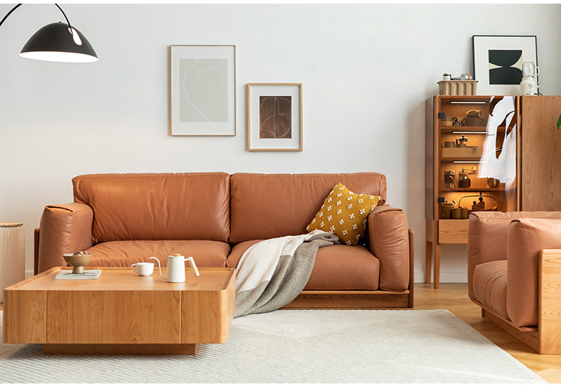 Japanisches Sofa aus echtem Leder aus Kirschholz