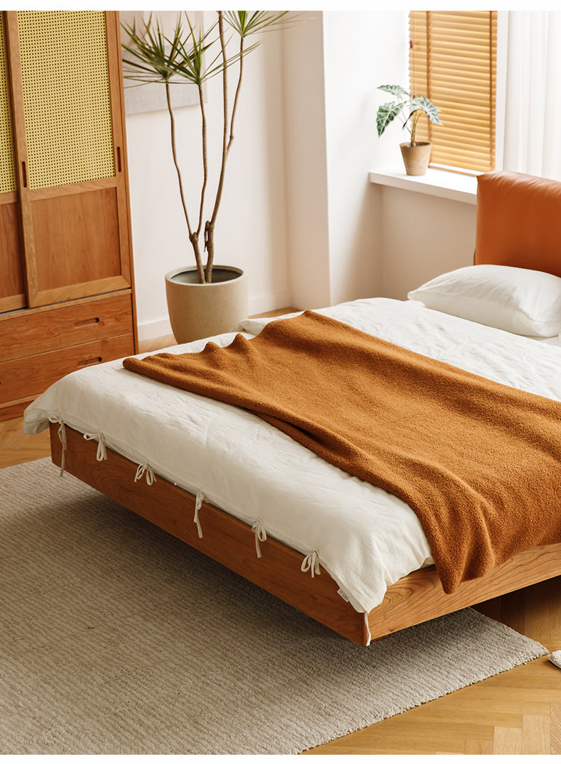 Cama de cuero auténtico de madera de cerezo, cama de madera de cerezo y cuero de vaca