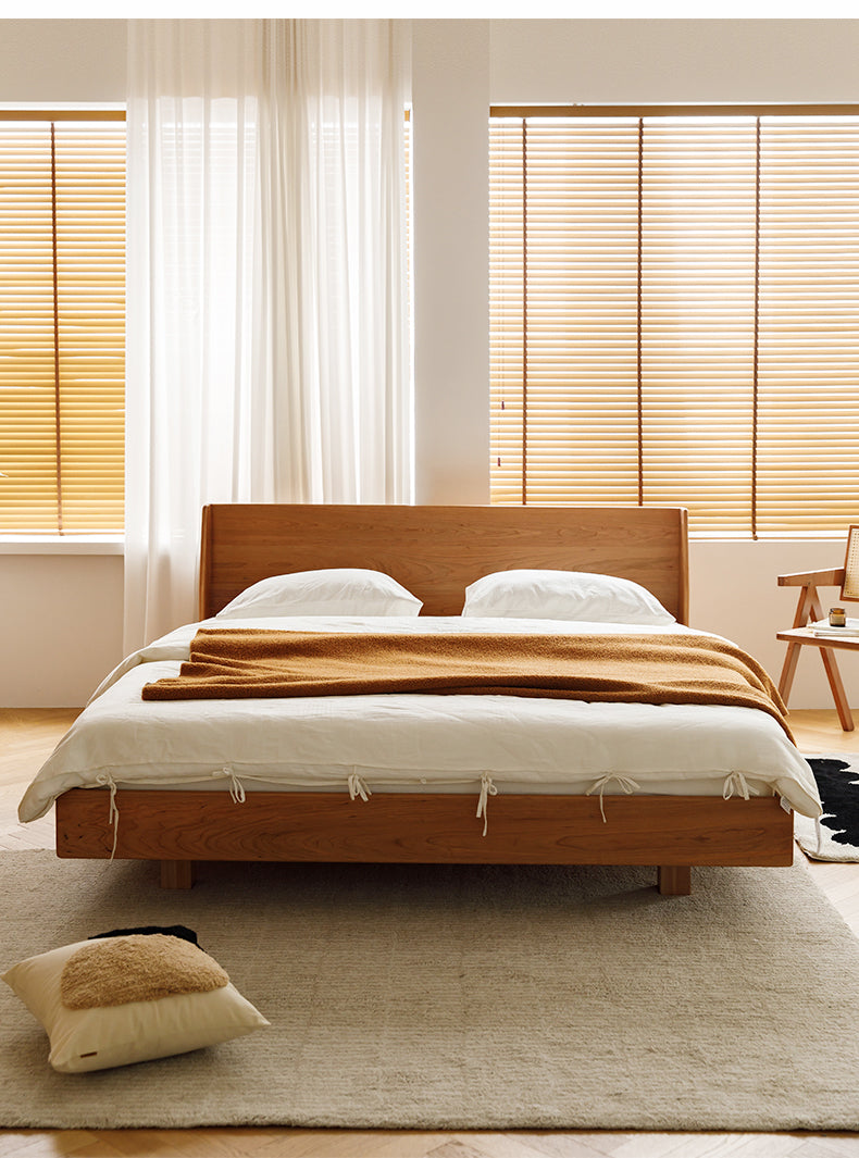 Cama de cuero auténtico de madera de cerezo, cama de madera de cerezo y cuero de vaca
