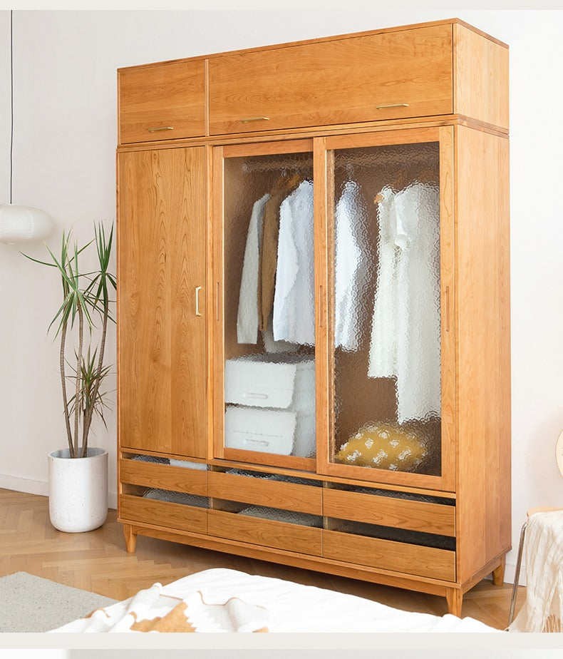 armario de cristal de cerezo claro macizo, armario de madera de cerezo, armario de cerezo macizo