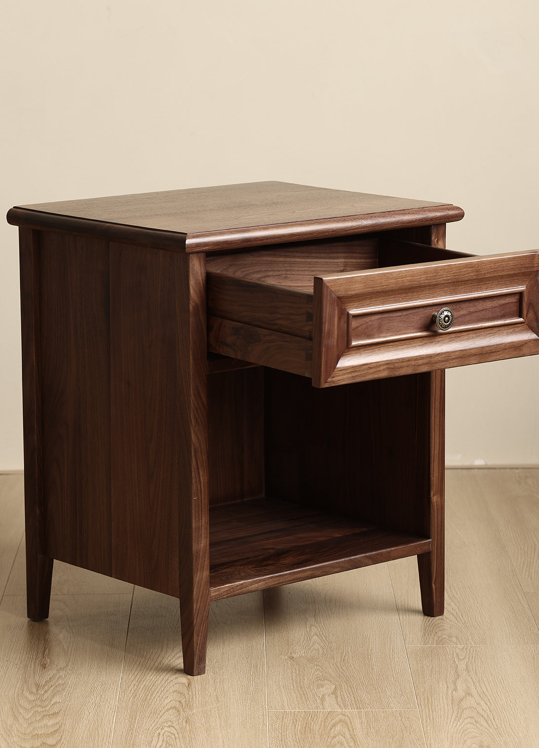Mesa de cabeceira de madeira maciça estilo americano, mesa de cabeceira de nogueira