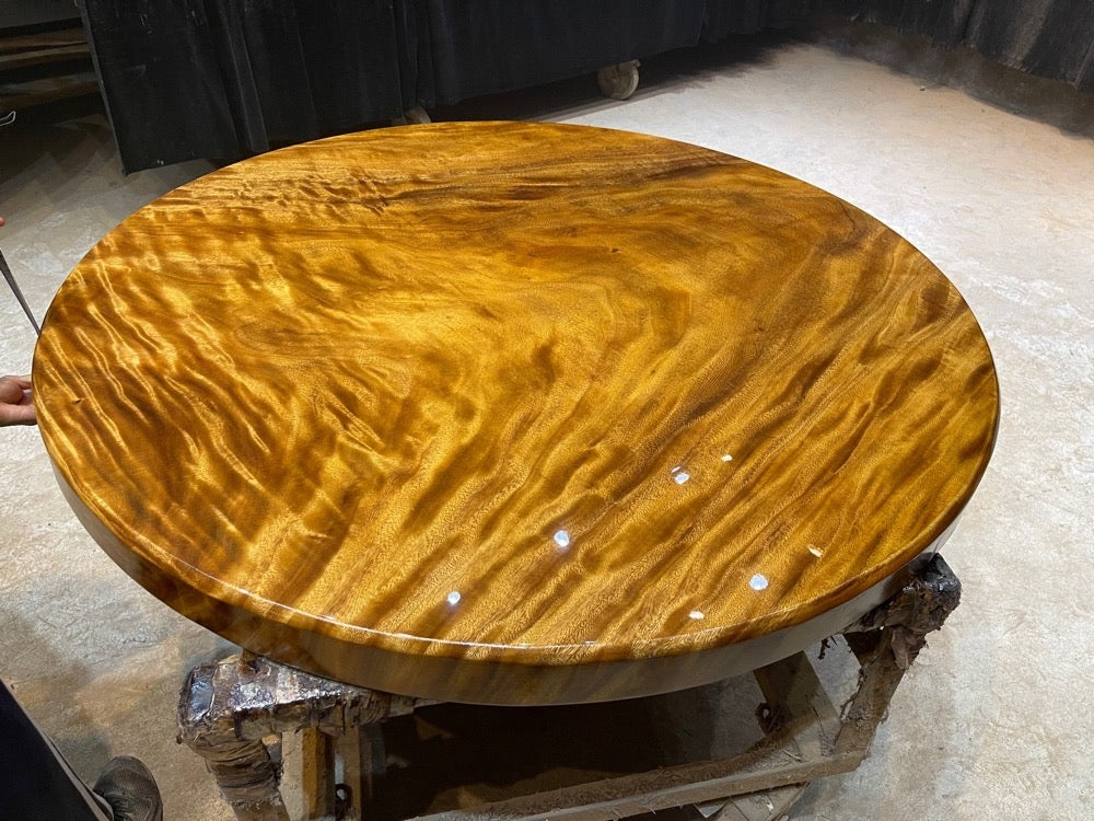 Mesa de jantar redonda de madeira Monkey Pod, mesa de jantar redonda de madeira de nogueira da América do Sul