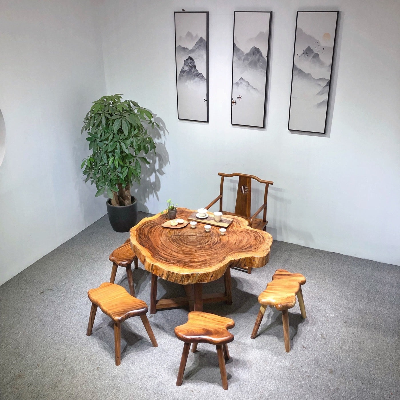 mesa de centro redonda de madera, mesa redonda de borde vivo, mesa de comedor redonda grande de borde vivo