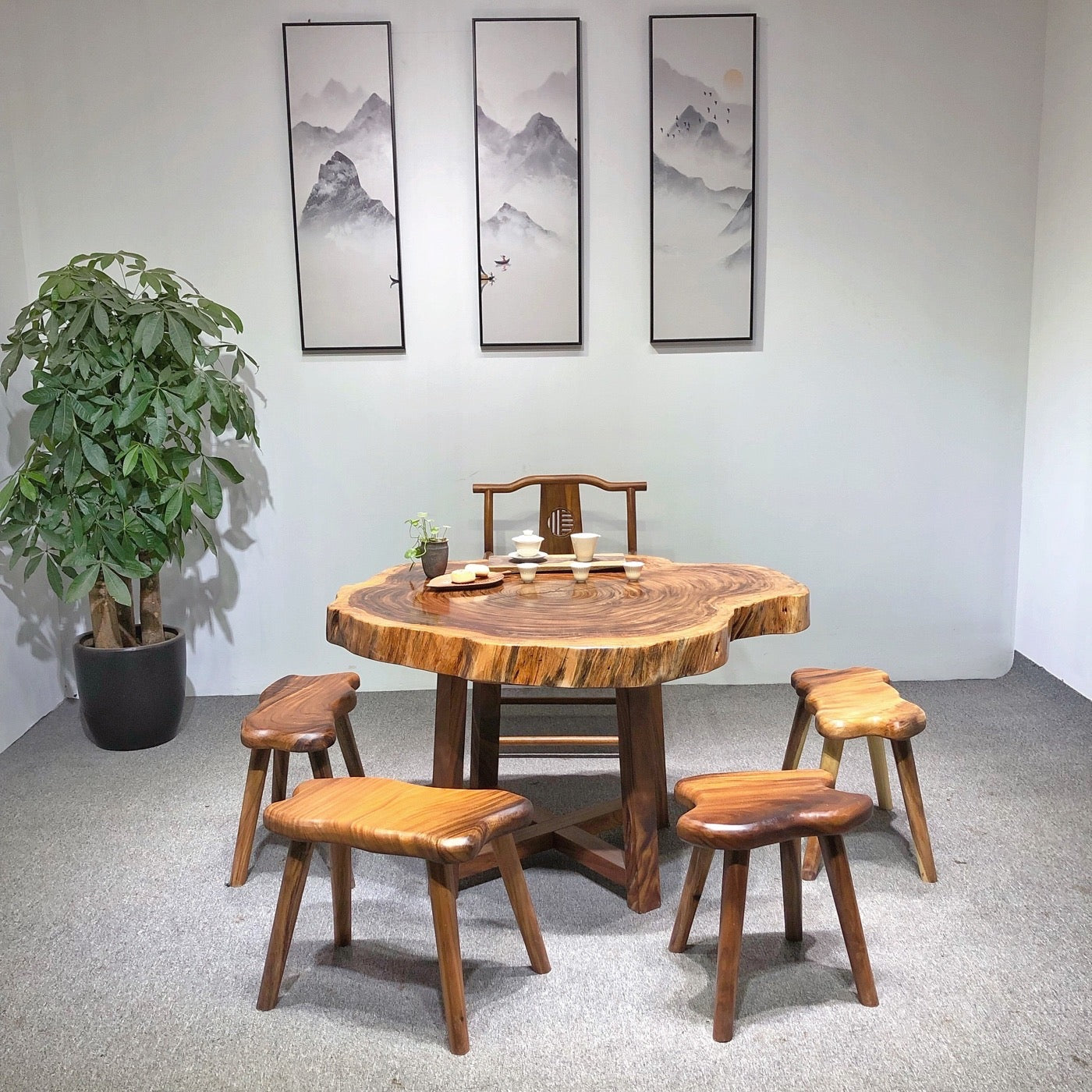 mesa de centro redonda de madera, mesa redonda de borde vivo, mesa de comedor redonda grande de borde vivo